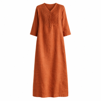 V-Neck Pintuck Linen-Blend Long Dress