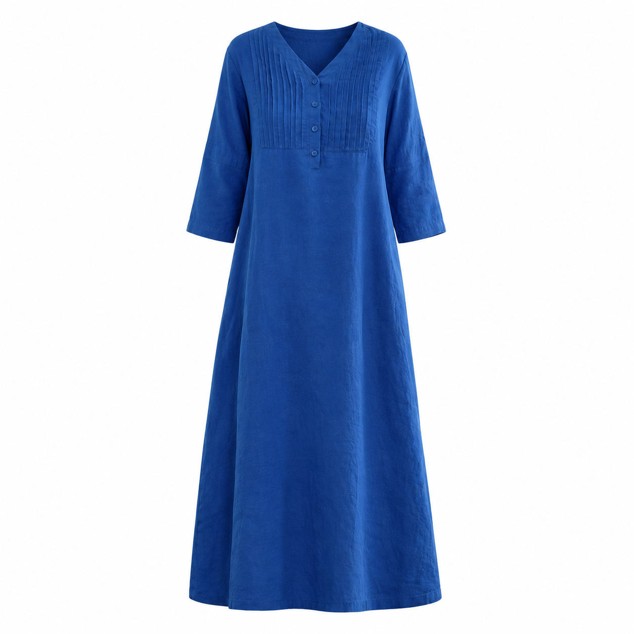V-Neck Pintuck Linen-Blend Long Dress - Image 4