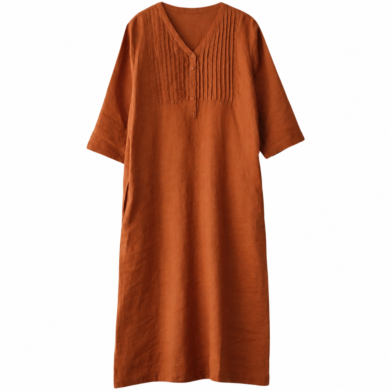 V-Neck Pintuck Linen-Blend Long Dress - Image 2