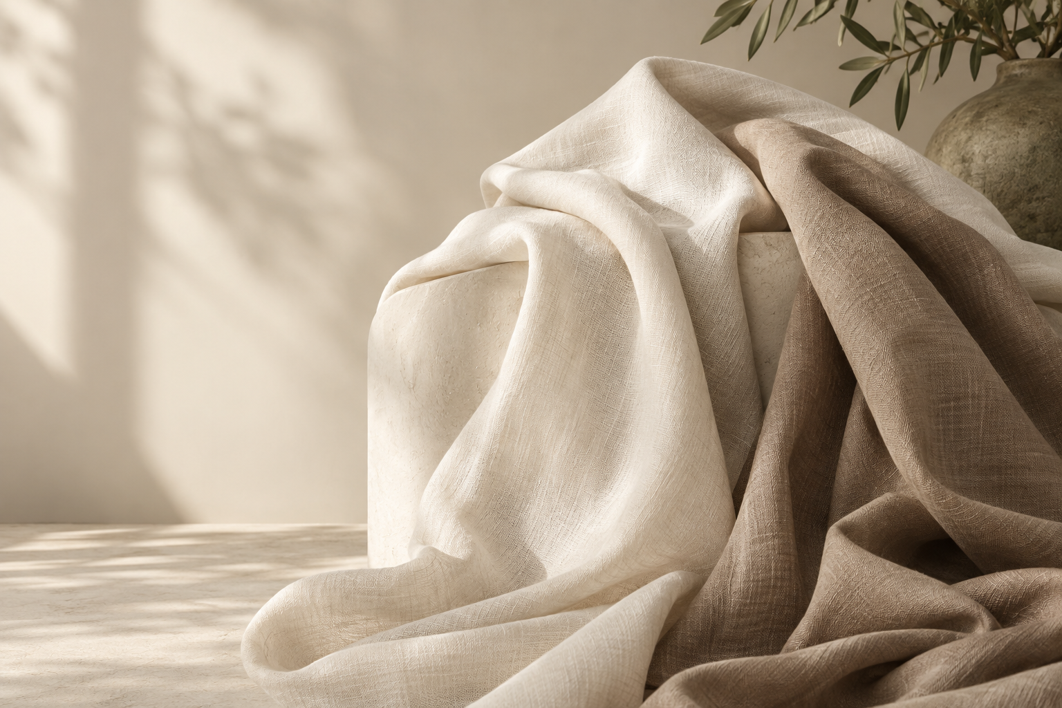 Ivory and taupe fabric draped in soft natural light, an editorial backdrop for Voge Boutique.